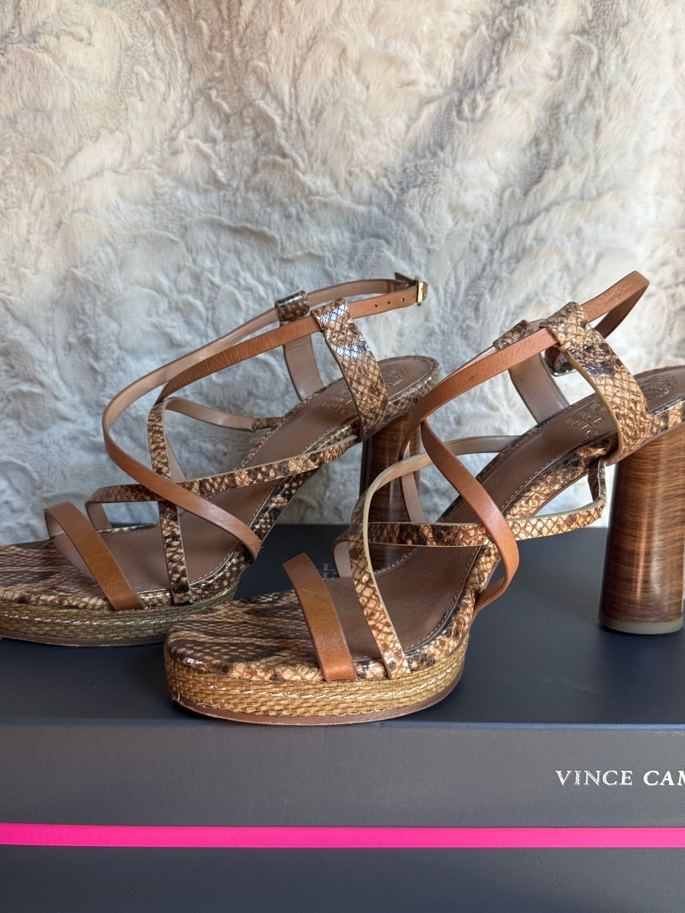 Vince Camuto Brown Snake-Print Strappy Platform Sandals